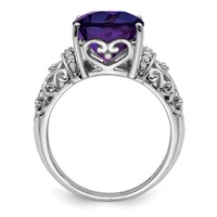 Sterling Silver Rhodium-plated Checker-Cut Amethyst & Diamond Ring view 2