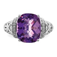 Sterling Silver Rhodium-plated Checker-Cut Amethyst & Diamond Ring view 5