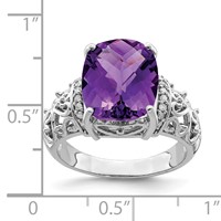 Sterling Silver Rhodium-plated Checker-Cut Amethyst & Diamond Ring view 4