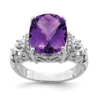 Sterling Silver Rhodium-plated Checker-Cut Amethyst & Diamond Ring view 1