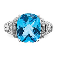 Sterling Silver Rhodium Checker-Cut Blue Topaz & Diam. Ring view 5