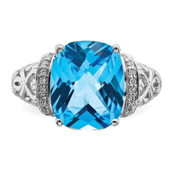 Sterling Silver Rhodium Checker-Cut Blue Topaz & Diam. Ring