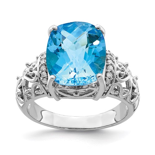 Sterling Silver Rhodium Checker-Cut Blue Topaz & Diam. Ring