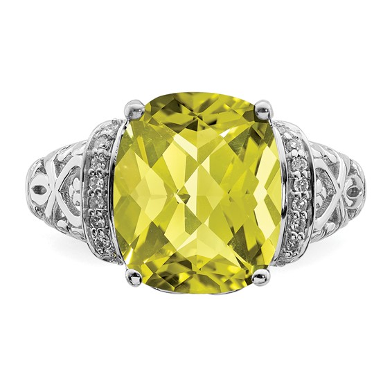 Sterling Silver Rhodium Diam. & Checker-Cut Lemon Quartz Ring