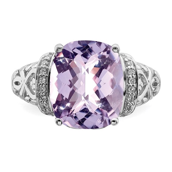 Sterling Silver Rhodium Diam. & Checker-Cut Pink Quartz Ring