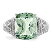 Sterling Silver Rhodium Diam. & Checker-Cut Green Quartz Ring view 4