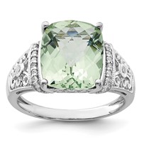 Sterling Silver Rhodium Diam. & Checker-Cut Green Quartz Ring view 1