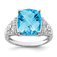 Sterling Silver Rhodium Checker-Cut Blue Topaz & Diam. Ring view 1