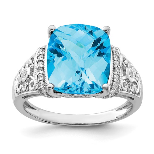 Sterling Silver Rhodium Checker-Cut Blue Topaz & Diam. Ring