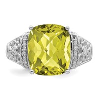 Sterling Silver Rhodium Diam. & Checker-Cut Lemon Quartz Ring view 4