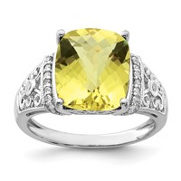 Sterling Silver Rhodium Diam. & Checker-Cut Lemon Quartz Ring view 1