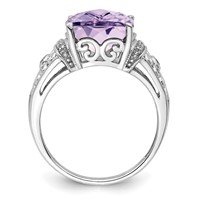 Sterling Silver Rhodium Diam. & Checker-Cut Pink Quartz Ring view 2