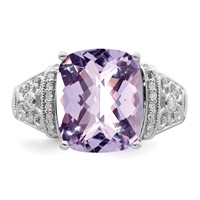 Sterling Silver Rhodium Diam. & Checker-Cut Pink Quartz Ring view 4