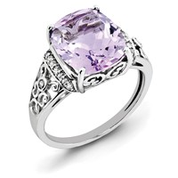 Sterling Silver Rhodium Diam. & Checker-Cut Pink Quartz Ring view 5