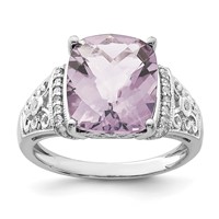 Sterling Silver Rhodium Diam. & Checker-Cut Pink Quartz Ring view 1