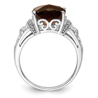 Sterling Silver Rhodium Diam. & Checker-Cut Smoky Quartz Ring view 2