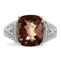 Sterling Silver Rhodium Diam. & Checker-Cut Smoky Quartz Ring view 4