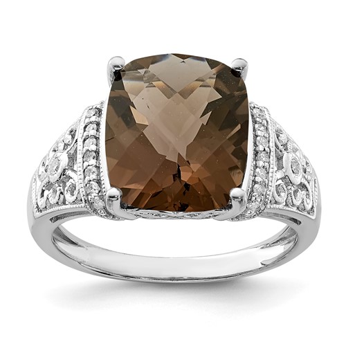 Sterling Silver Rhodium Diam. & Checker-Cut Smoky Quartz Ring