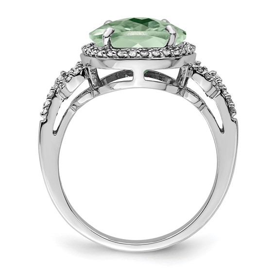 Sterling Silver Rhodium Oval Diam. & Checker-Cut Green Quartz Ring
