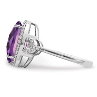 Sterling Silver Rhodium Oval Checker-Cut Amethyst & Diamond Ring view 4