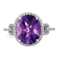 Sterling Silver Rhodium Oval Checker-Cut Amethyst & Diamond Ring view 5