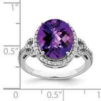 Sterling Silver Rhodium Oval Checker-Cut Amethyst & Diamond Ring view 3