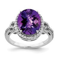 Sterling Silver Rhodium Oval Checker-Cut Amethyst & Diamond Ring view 1