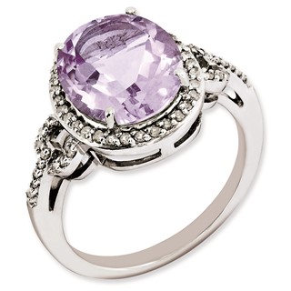 Sterling Silver RH-plated Oval Diamond & Checker-Cut Pink Quartz Ring