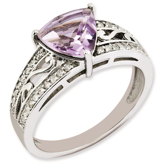 Sterling Silver Rhodium-plated Diamond & Pink Quartz Ring