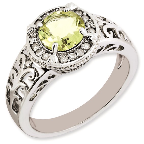 Sterling Silver Rhodium-plated Diamond & Lemon Quartz Ring