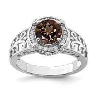Sterling Silver Rhodium Diam. & Smoky Quartz Ring view 1