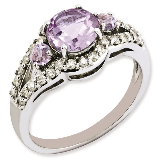 Sterling Silver Rhodium-plated Diamond & Pink Quartz Ring