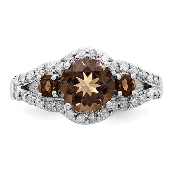 Sterling Silver Rhodium Diam. & Smoky Quartz Ring