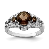 Sterling Silver Rhodium Diam. & Smoky Quartz Ring view 1