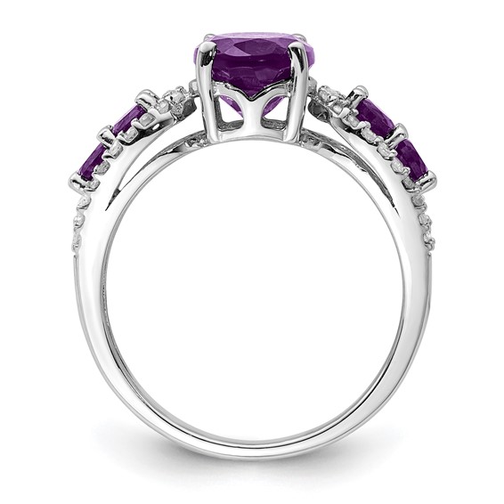 Sterling Silver Rhodium-plated Amethyst & Oval Diamond Ring