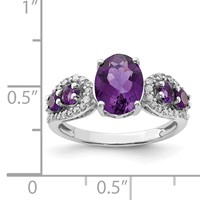 Sterling Silver Rhodium-plated Amethyst & Oval Diamond Ring view 3