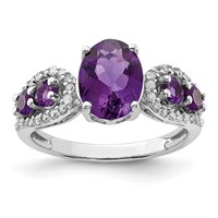 Sterling Silver Rhodium-plated Amethyst & Oval Diamond Ring view 1