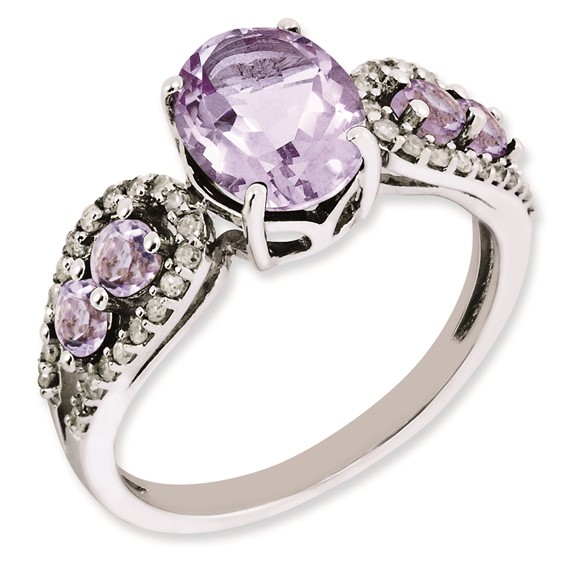Sterling Silver Rhodium-plated Diamond & Oval Pink Quartz Ring
