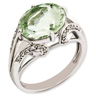 Sterling Silver Rhodium-plated Oval Diamond & Green Quartz Ring