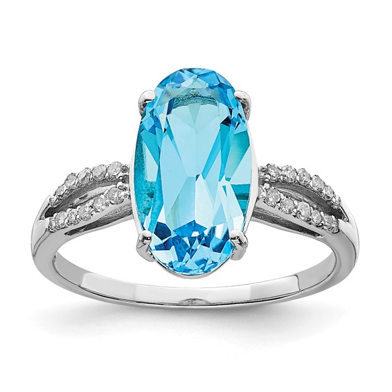 Sterling Silver Rhodium Oval Blue Topaz & Diam. Ring