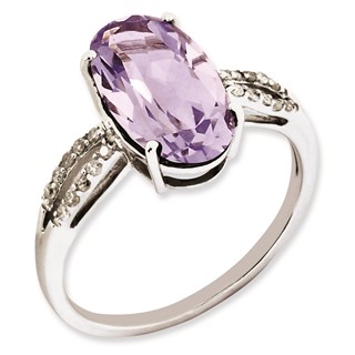 Sterling Silver Rhodium-plated Oval Diamond & Pink Quartz Ring