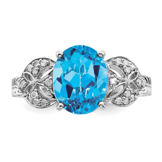 Sterling Silver Rhodium Oval Blue Topaz & Diam. Ring