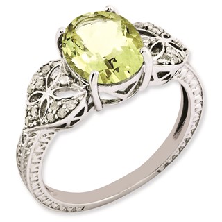 Sterling Silver Rhodium-plated Oval Diamond & Lemon Quartz Ring