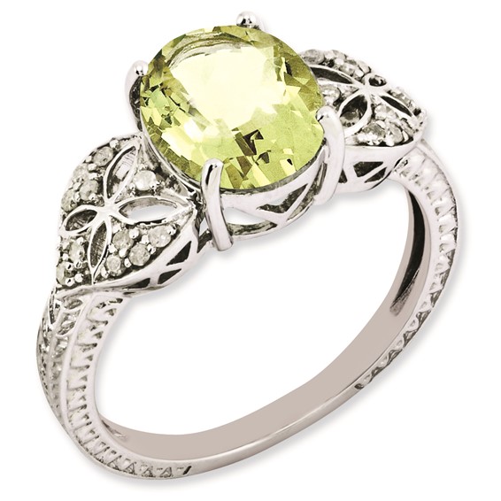Sterling Silver Rhodium-plated Oval Diamond & Lemon Quartz Ring