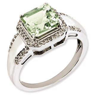 Sterling Silver Rhodium-plated Diamond & Green Quartz Ring