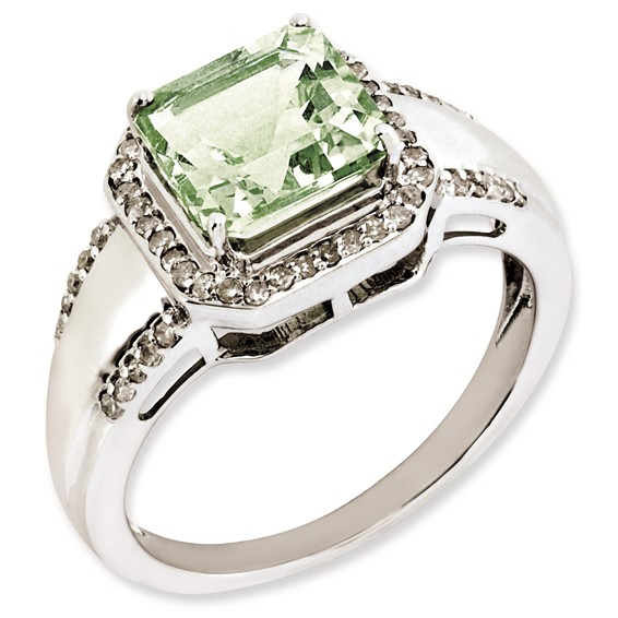 Sterling Silver Rhodium-plated Diamond & Green Quartz Ring