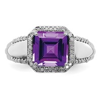 Sterling Silver Rhodium-plated Square Amethyst & Diamond Ring view 5