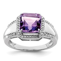 Sterling Silver Rhodium-plated Square Amethyst & Diamond Ring view 1