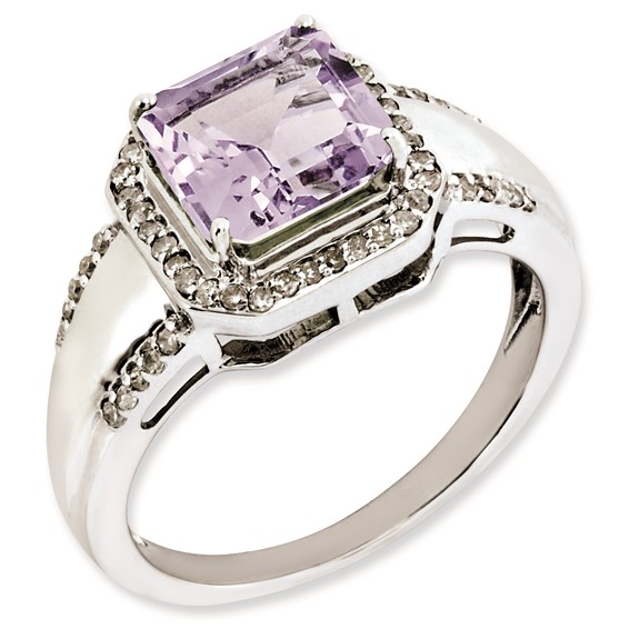 Sterling Silver Rhodium-plated Square Diamond & Pink Quartz Ring