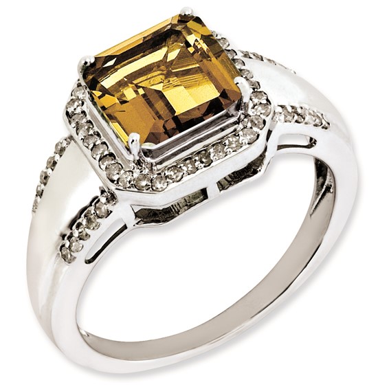 Sterling Silver Rhodium-plated Square Diamond & Whiskey Quartz Ring